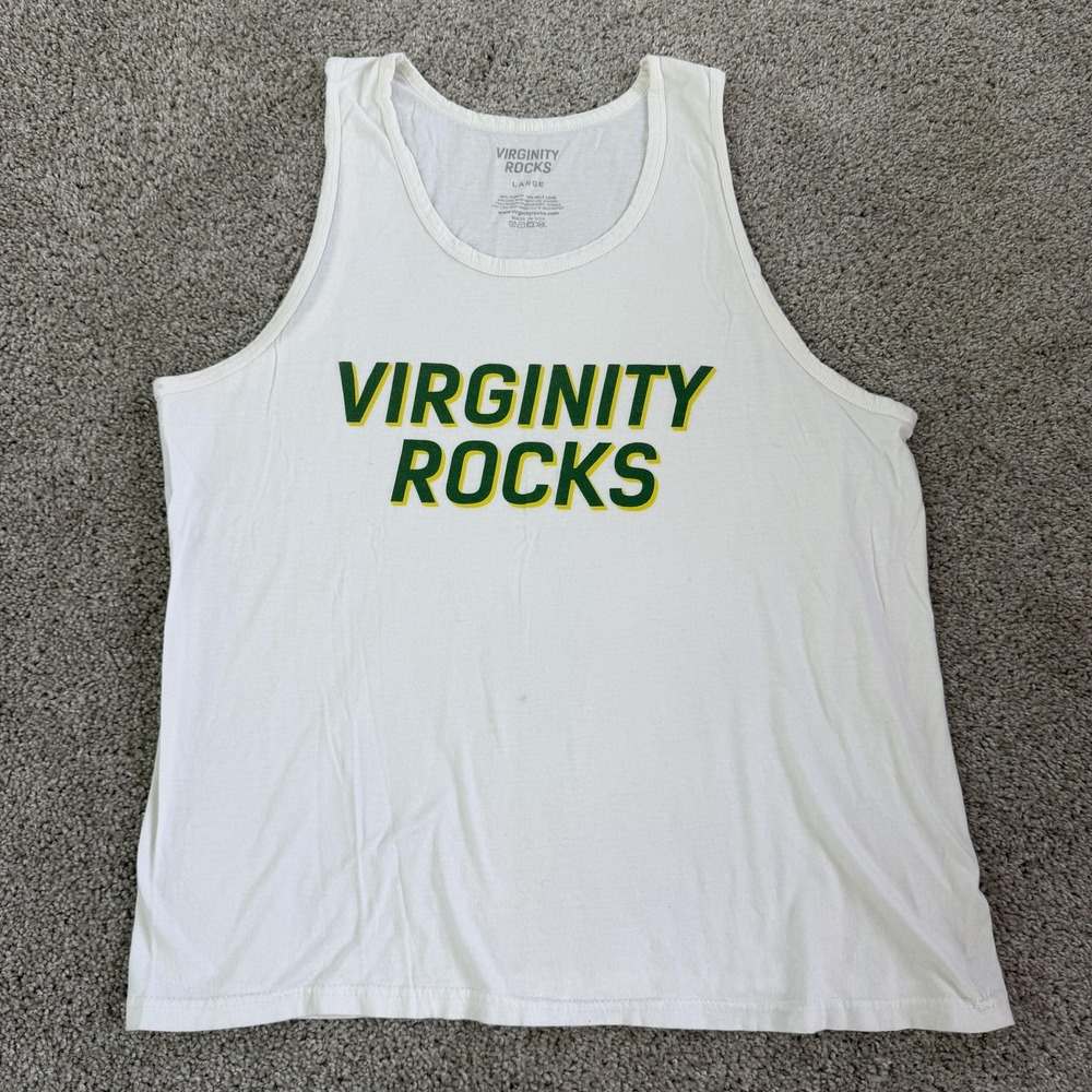 Virginity Rocks Tank Top Mens Large White Graphic Funny Slogan Tee T-Shirt